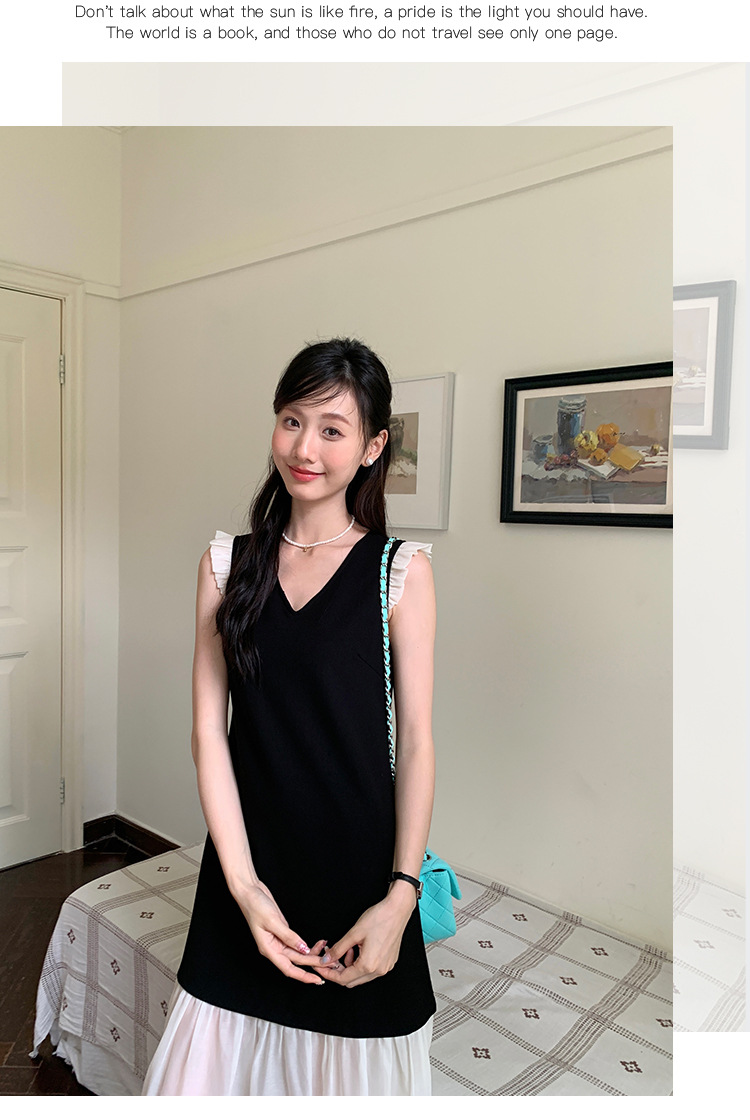 爱西里2024夏季法式温柔蕾丝拼接小黑裙欧根纱撞色连衣裙女11210详情16