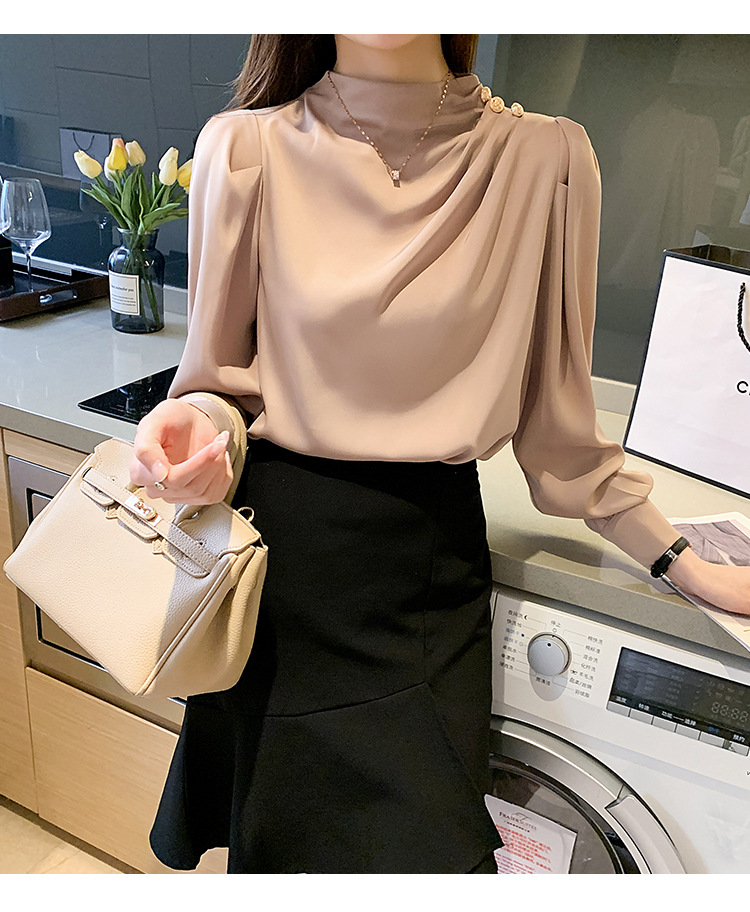 外贸供货2023轻熟气质立领褶皱灯笼袖时尚长袖上衣宽松女士衬衫详情16