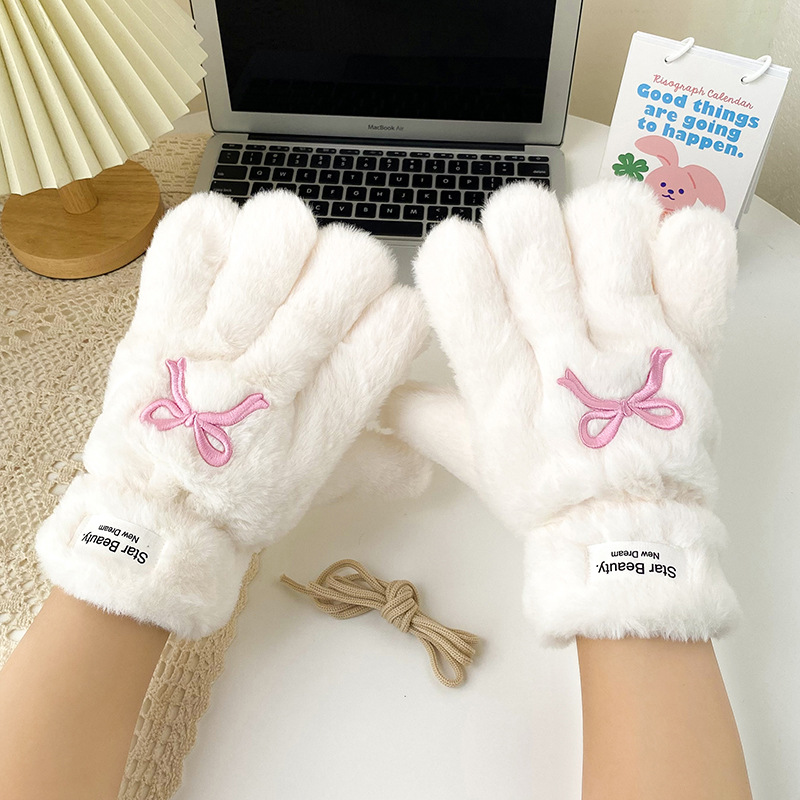 五指蝴蝶结手套女冬天加绒加厚保暖可爱分指冬季学生骑车开车围巾详情9