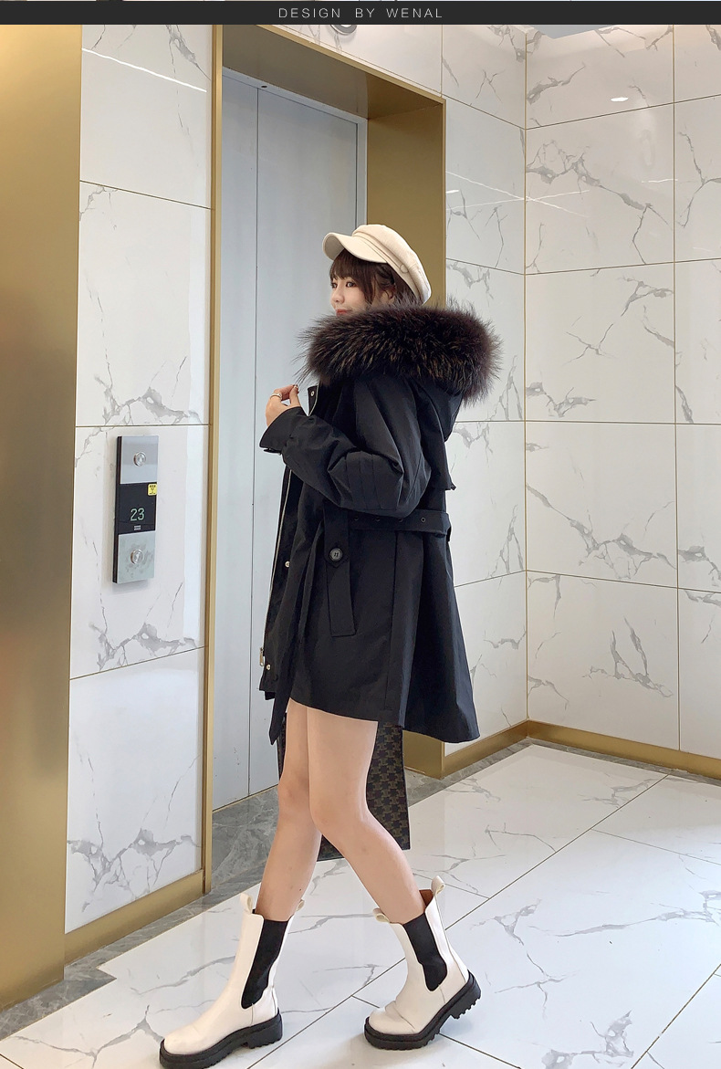 This is a mid-length winter Korean-style fashionable lace-up jacket with a cinched waist and a stylish large fur collar, designed with a rabbit fur inner liner pic 8