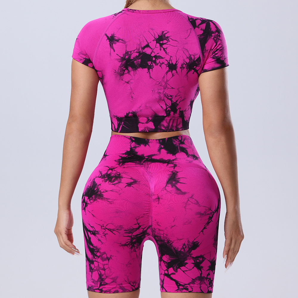 欧美跨境新品扎染瑜伽服套装提臀速干运动健身扎染短袖短裤两件套详情21