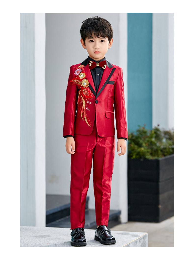 男童西装套装儿童红色西服花童婚礼主持人走秀演出服男孩生日礼服详情13