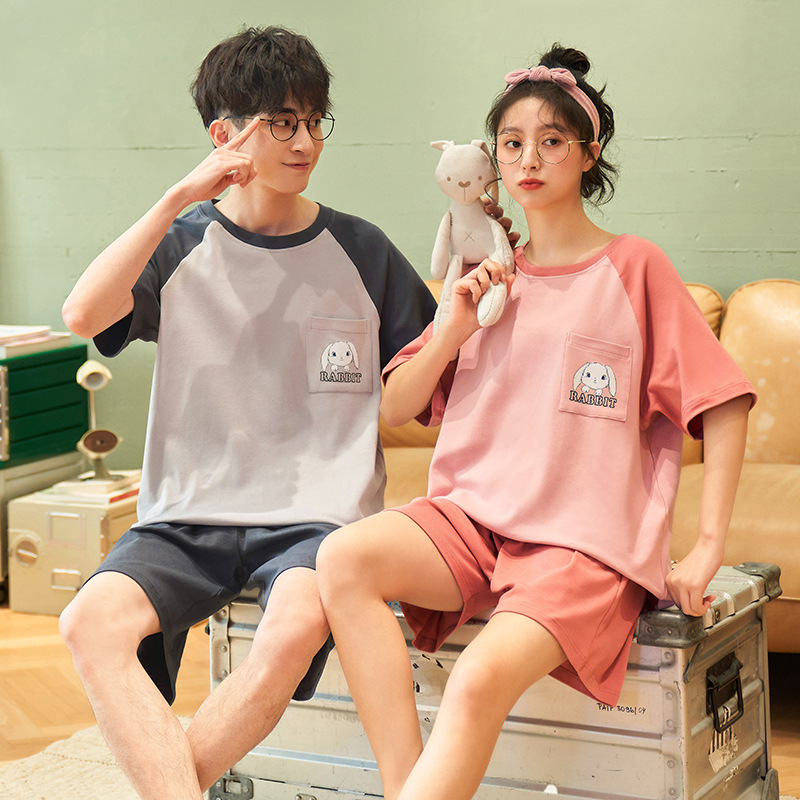 Couple pajamas: Women's summer cotton short sleeves and shorts, thin Korean style, skin-friendly and simple men's spring and autumn home wear set pic 40
