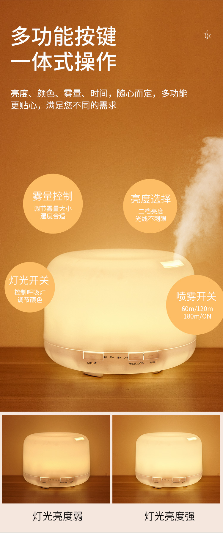 Remote control 500ml humidifier, Muji aroma diffuser, ultrasonic household air humidifier, seven-color night light aroma diffuser pic 12