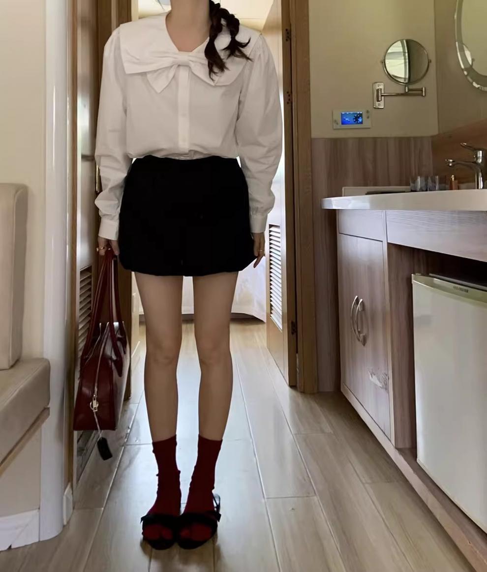 韩系设计感小众蝴蝶结娃娃领白色衬衫女2024春秋新款内搭别致上衣详情14
