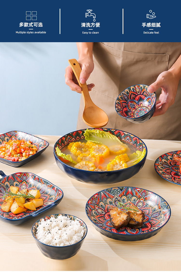 Bohemian ceramic tableware, Orantis bowls, plates, retro hand-painted rice plates, vegetable plates, household light luxury rice bowls pic 3