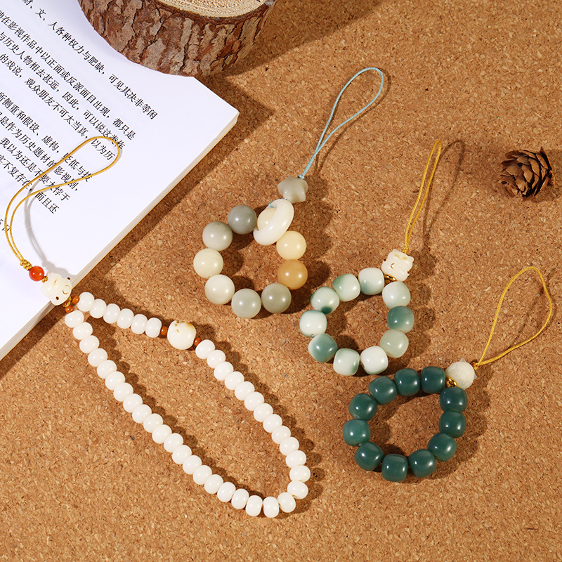 White jade Bodhi root multi-treasure prayer beads mobile phone chain, retro olive ring pendant, anti-loss creative car bag pendant pic 3