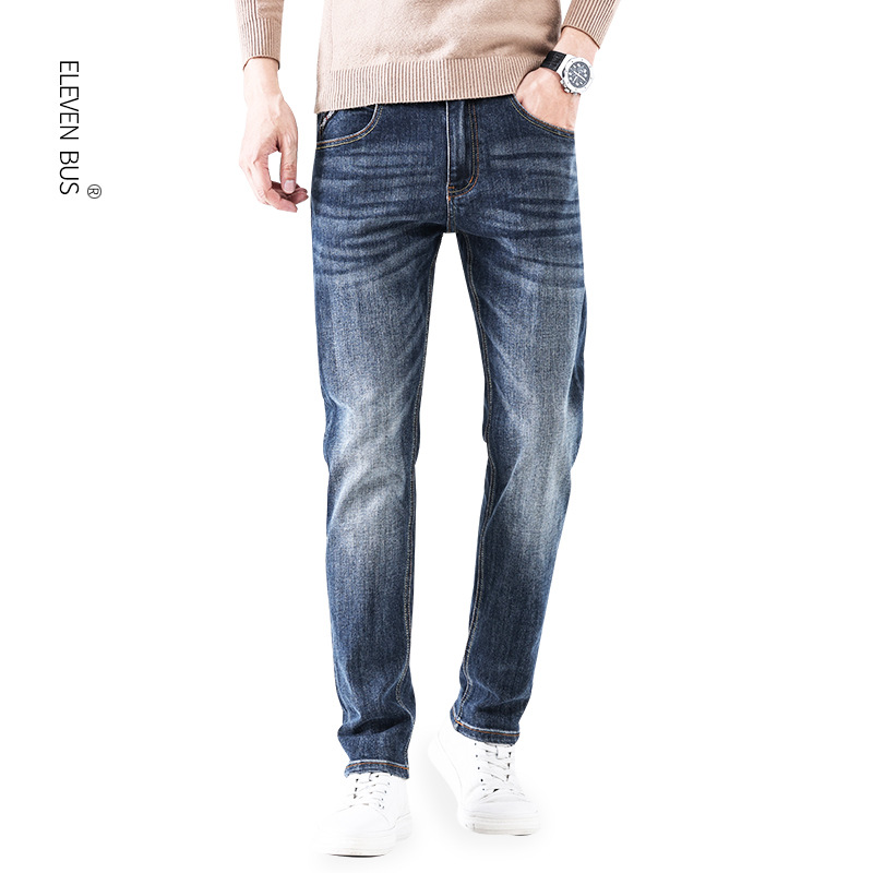 American trendy stretch jeans for men, thickened with fleece, loose straight leg, casual and versatile washed long pants for men pic 28