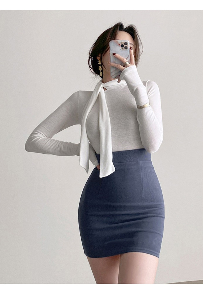 女人味飘带紧身高领长袖T恤女 韩国东大门新款温柔奶油粉女式上衣详情14