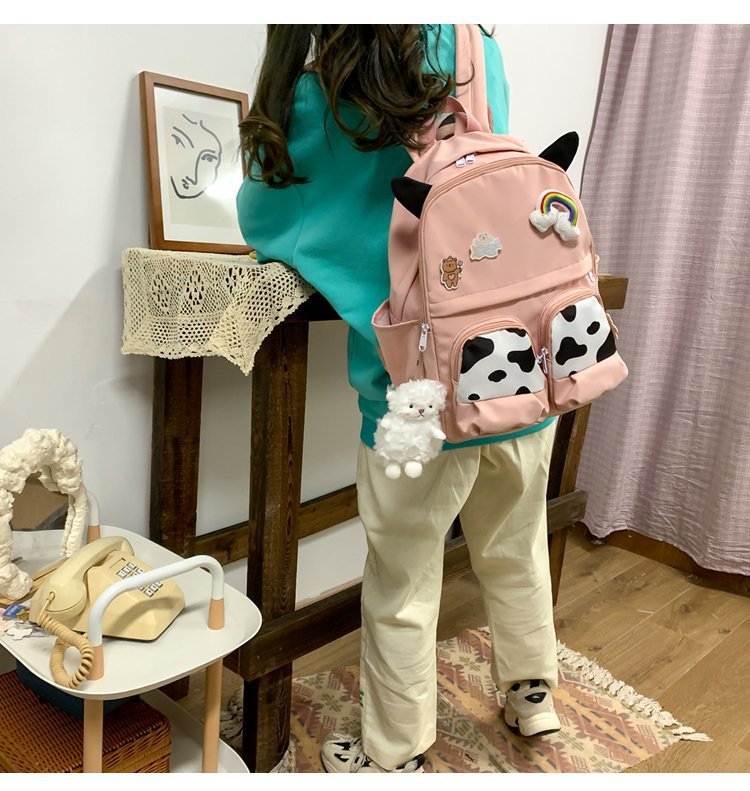 Japanese-style ins campus school style, fresh and cute, cute cow with earbuds, soft girl schoolbag, funny student backpack pic 13