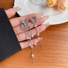 不对称绿色花瓣耳环高级感百搭复古珍珠耳坠女925银针耳饰品批发详情9
