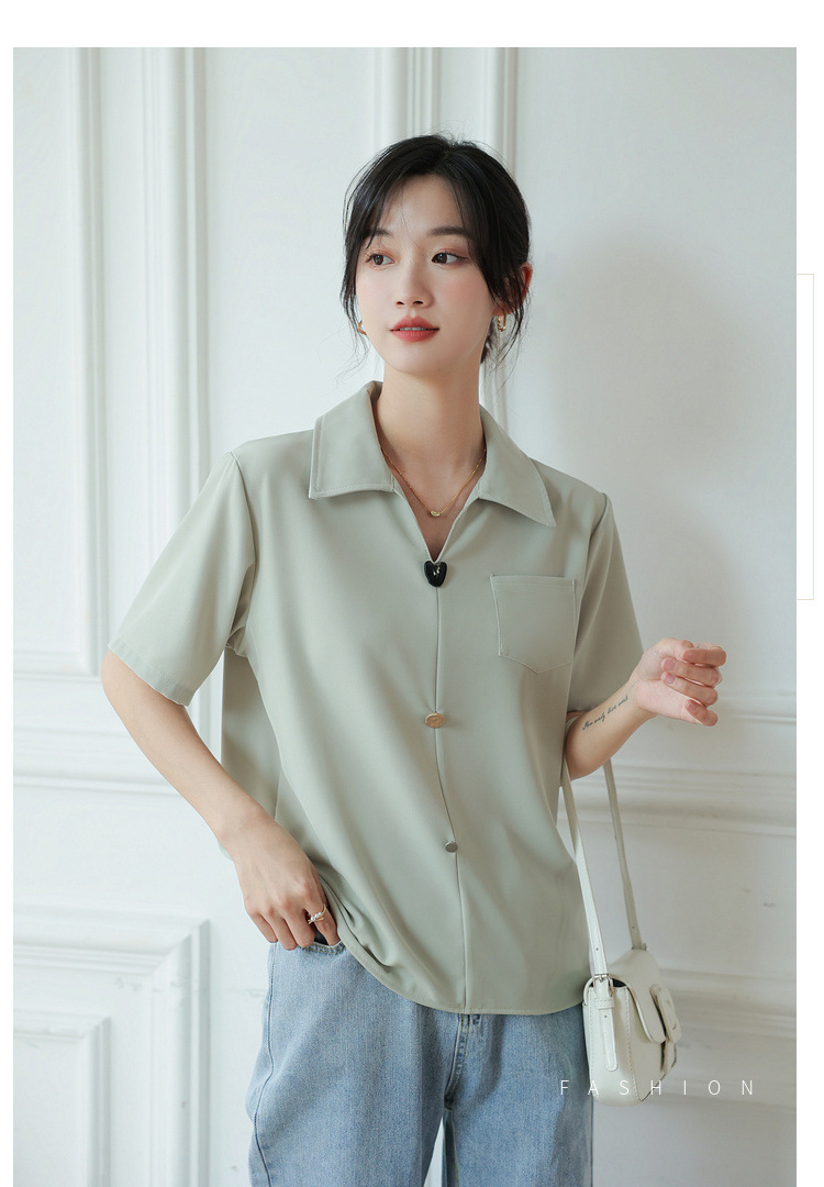 法式v领雪纺短袖衬衫夏季上衣设计感小众女式休闲风通勤气质衬衣详情18