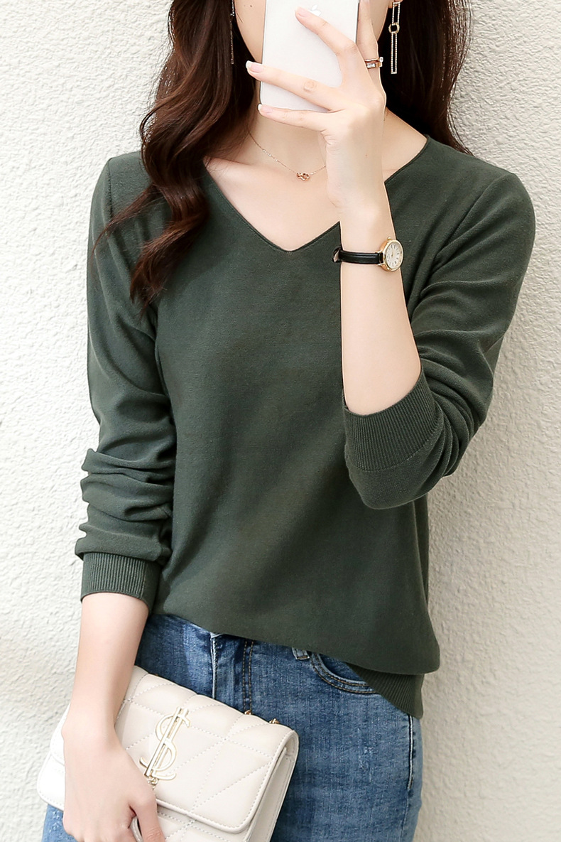 2023秋季女装全纯色棉麻针织T恤女V领长袖文艺大码外贸厂家批代发详情15