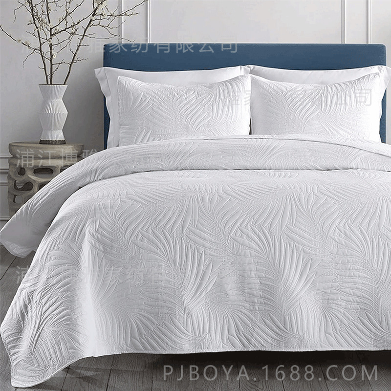 Leaf-shaped hotel universal bed cover jacquard three-piece set, polyester pure white ultrasonic high count and high density bedding pic 2