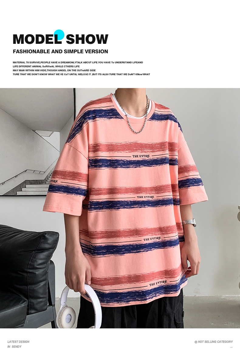 全棉条纹短袖T恤男2024港风青少年百搭宽松五分袖纯棉体恤衣服潮详情5