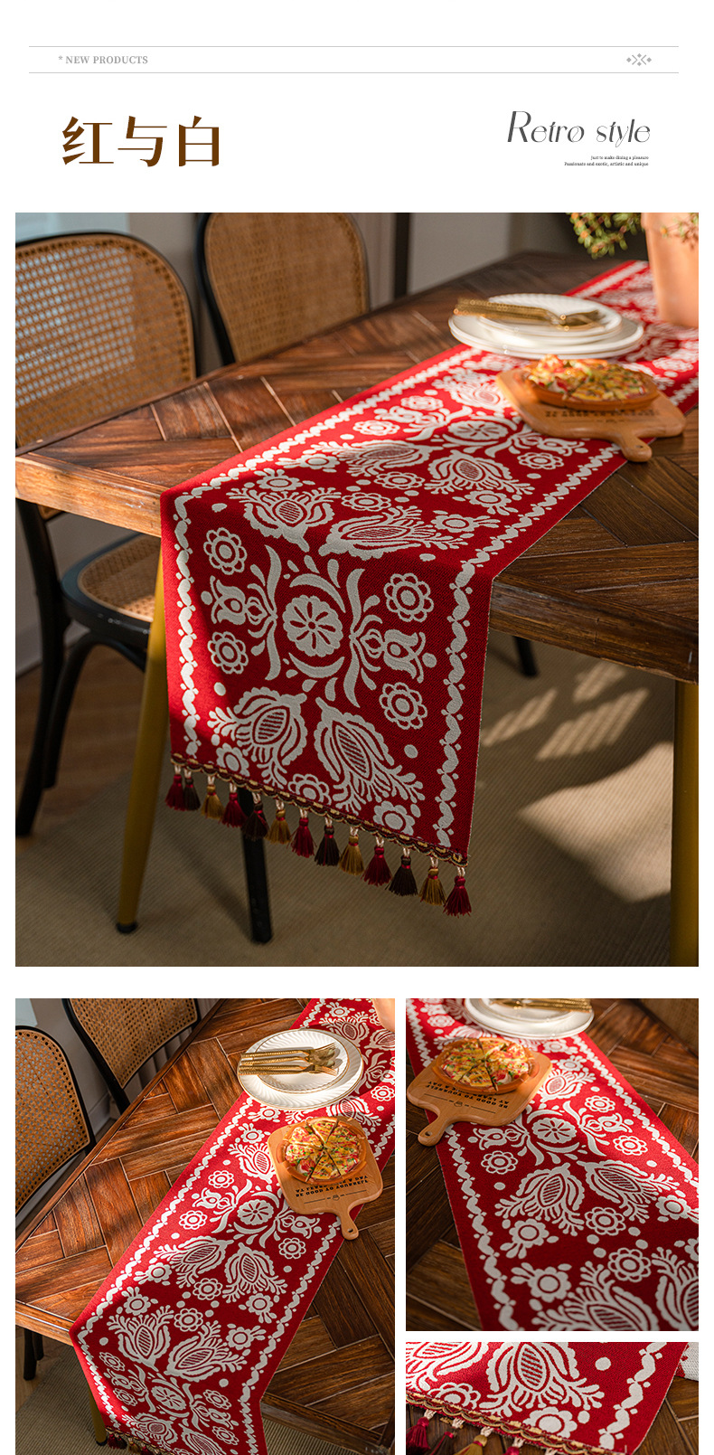 Cool Happiness American retro style, fashionable, simple, elegant and high-end, long tablecloth, colored jacquard, high-end, tassel, home coffee table, tea flag, high-end chest of drawers, table flag pic 15
