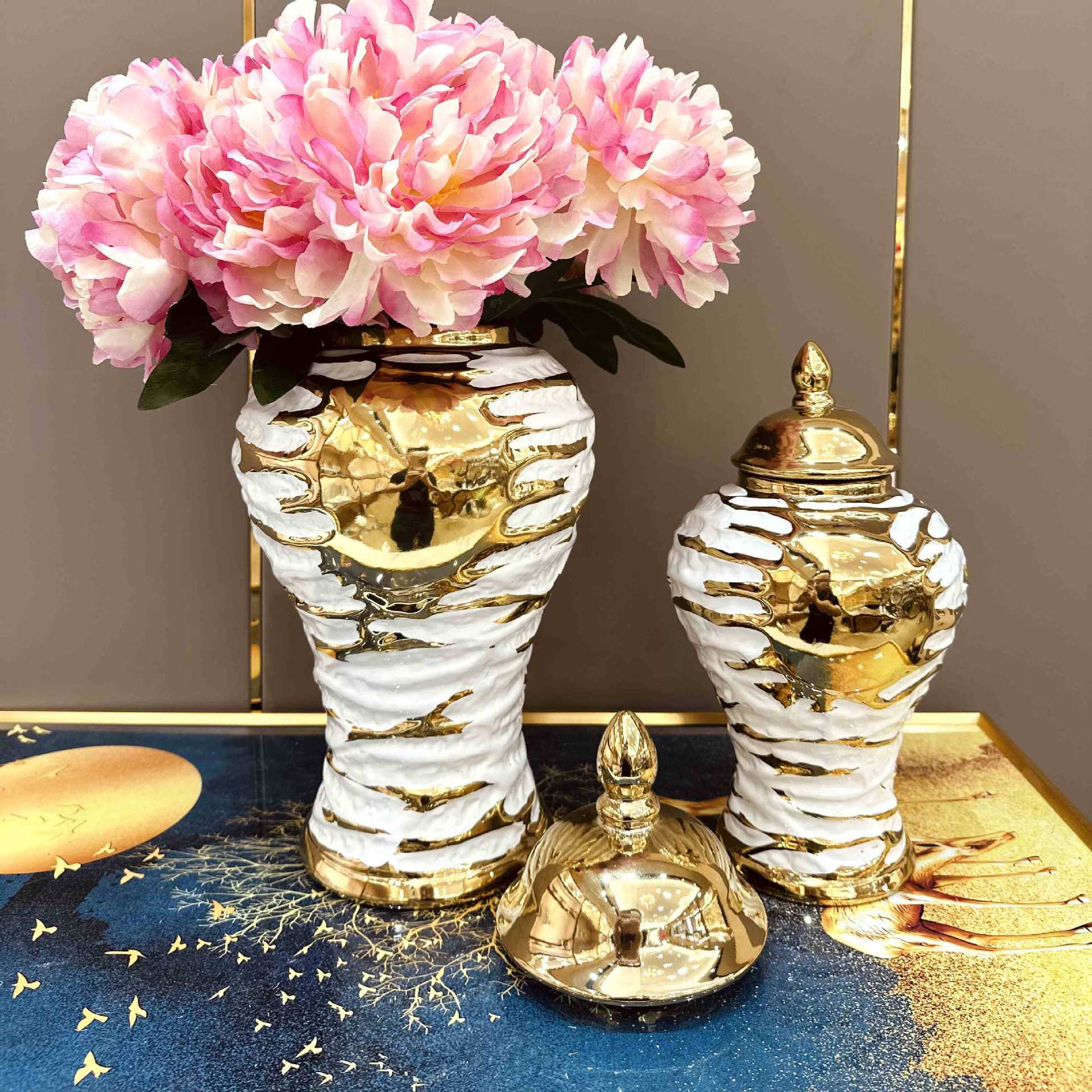 2025 New European-style electroplated gold ceramic general vase decoration, light luxury handicrafts, model room soft decoration, entrance hall decoration, vase wholesale, ceramic vase, simulated flower belt vase, vase, vase, hydroponic vase pic 11