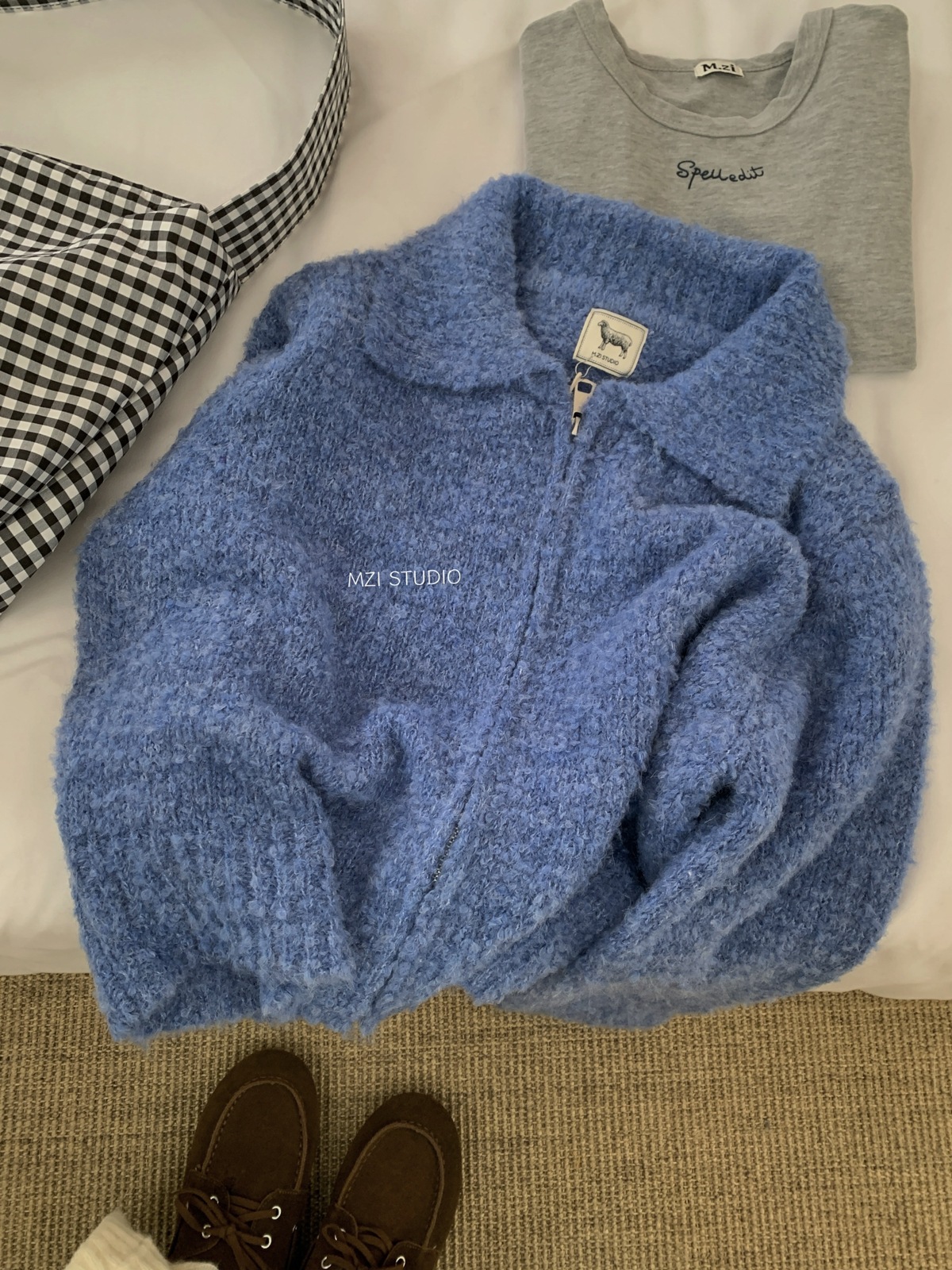 M.ZI秋冬韩系减龄羊毛混纺针织开衫慵懒风休闲宽松拉链毛衣外套女详情5