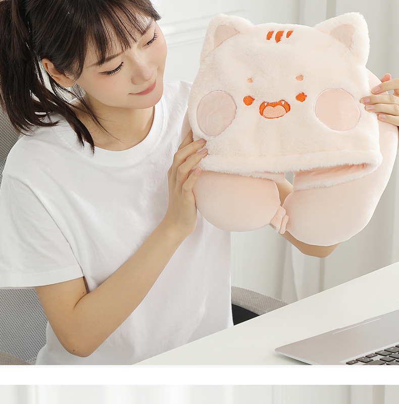 New cartoon hooded U-shaped pillow, plush hooded neck pillow, travel portable neck pillow, soft office nap pillow pic 13