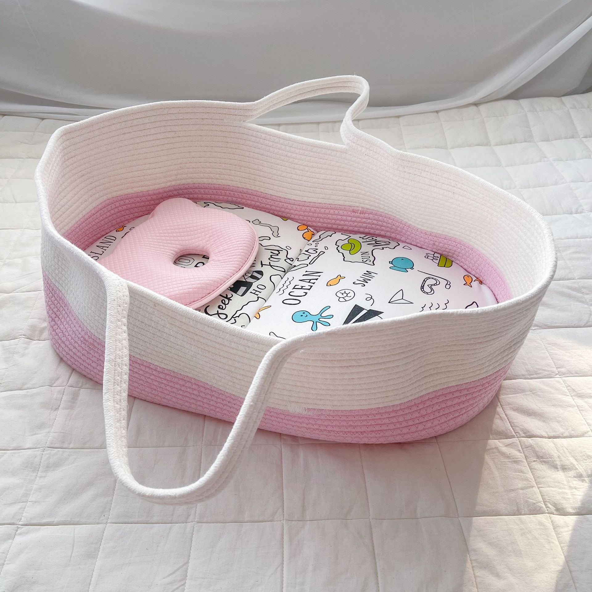 Portable pure cotton woven baby sleeping basket, portable baby crib for going out pic 42
