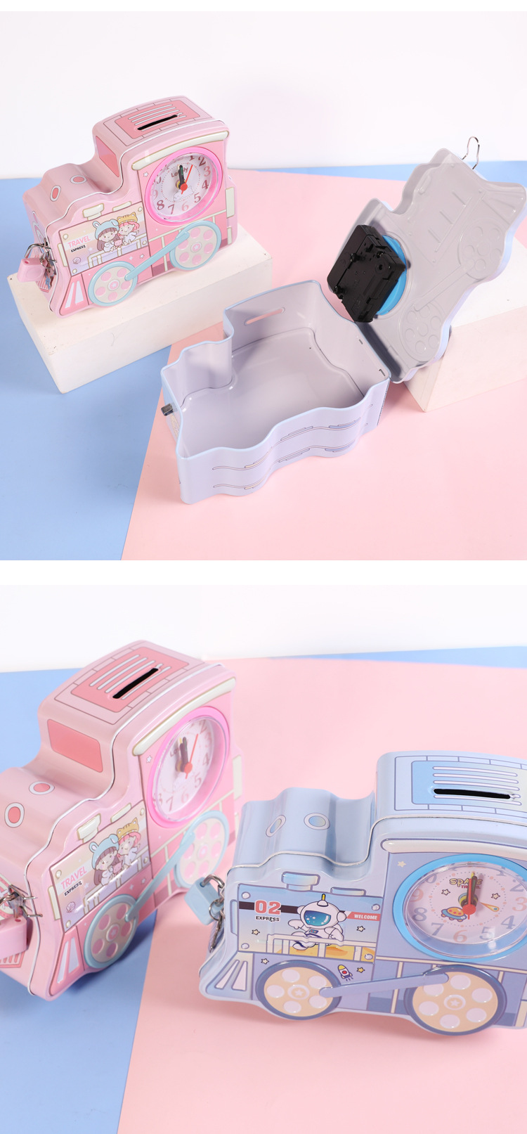 S-91 Cartoon train piggy Bank with lock, multi-functional desktop decoration, time display piggy bank, Little Pig Kuromi style hot search pic 17