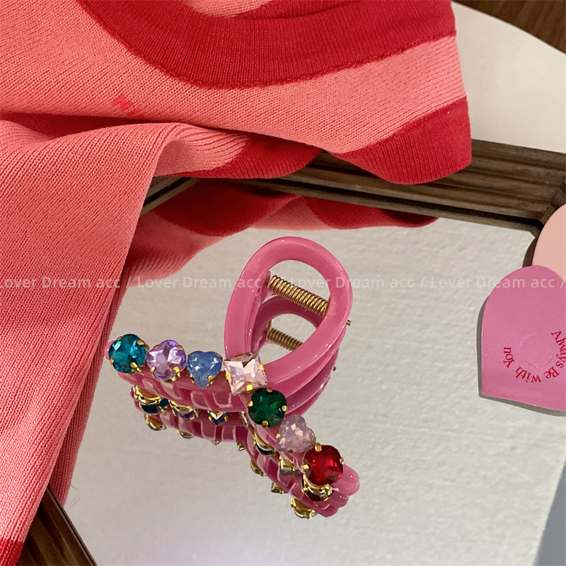 韩国新款复古彩色水钻粉色鲨鱼夹发夹 中古风抓夹网红时尚发饰女详情17