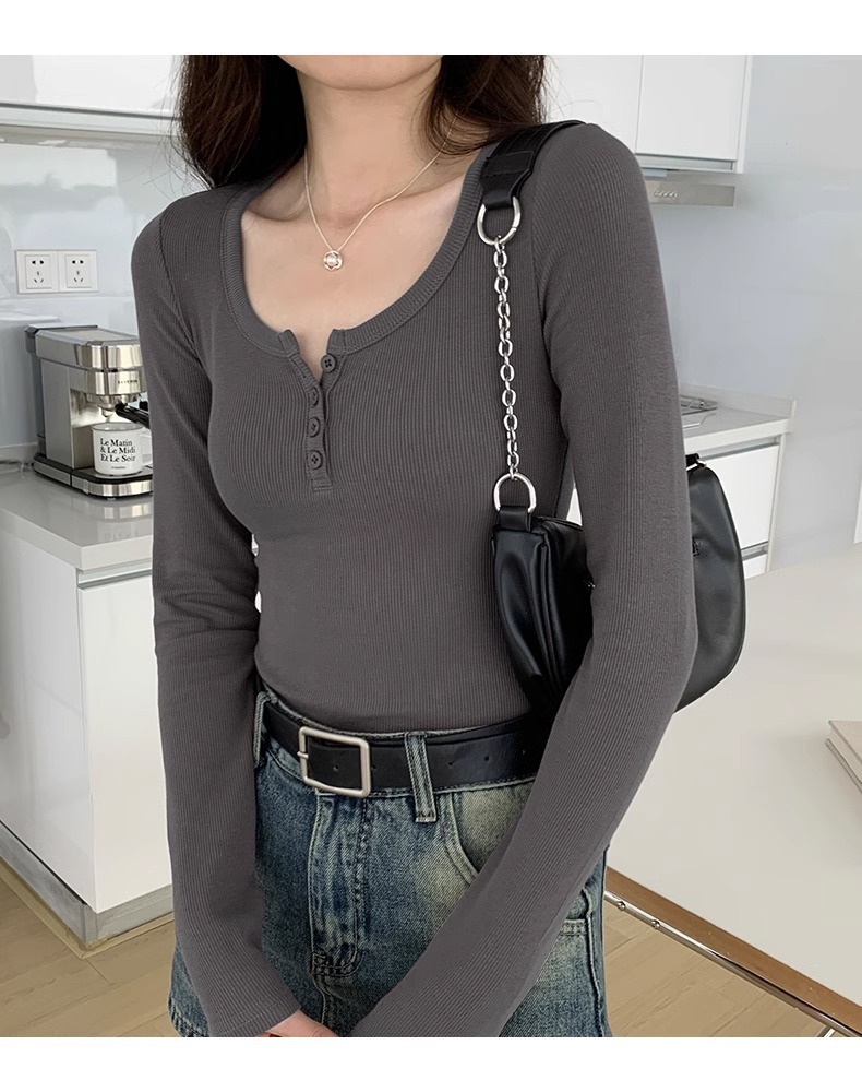 白色长袖t恤女2023秋装新款女装内搭上衣正肩体恤螺纹V领打底衫详情17