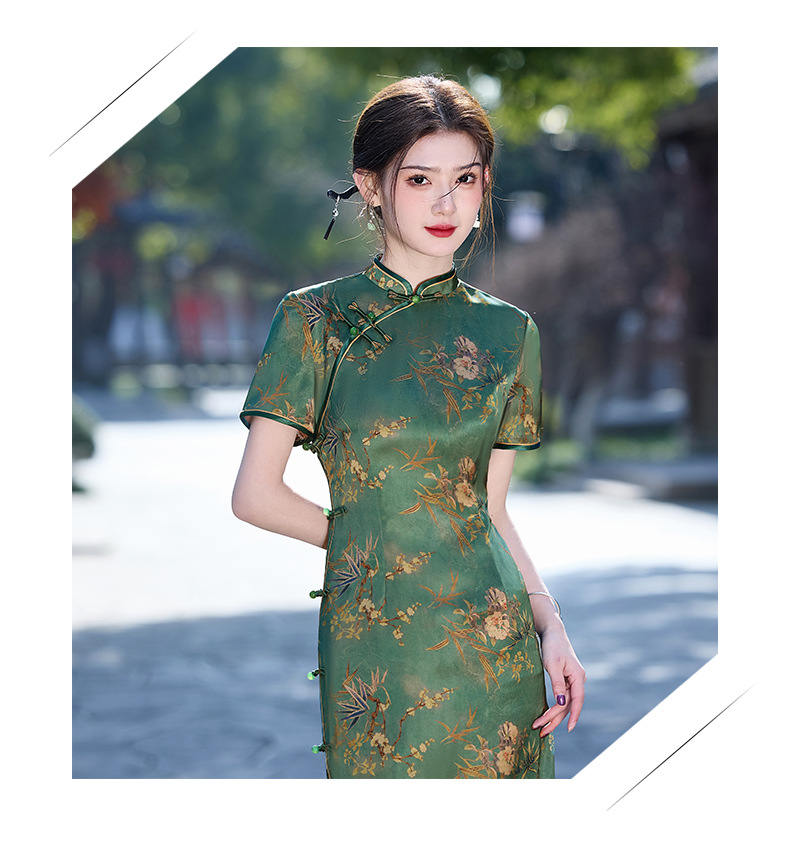 双国潮层长款优雅复古改良2025春夏绿色醋酸民国风气质修身名媛旗袍裙详情1