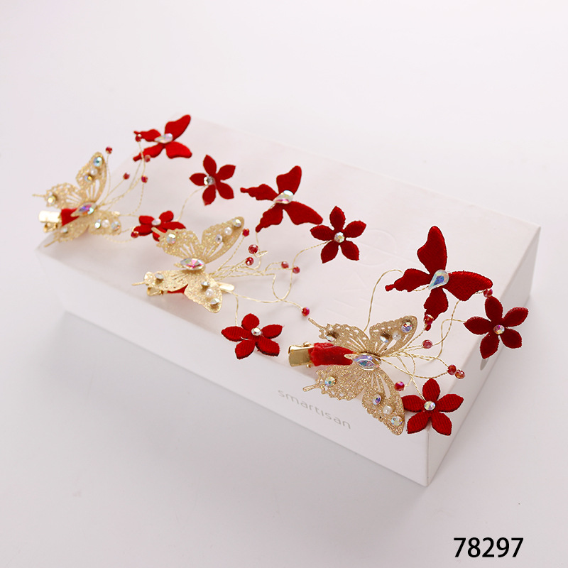 New large red hair clips from Japan and South Korea, Chinese-style bride headwear, wedding toasting attire, with diamond-encrusted butterfly-shaped clip accessories at the side pic 16