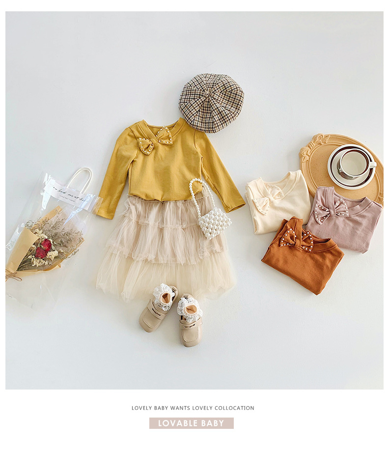 厂家直销2022秋季新品珍珠蝴蝶结长袖女童打底衫儿童全棉t恤韩版详情6