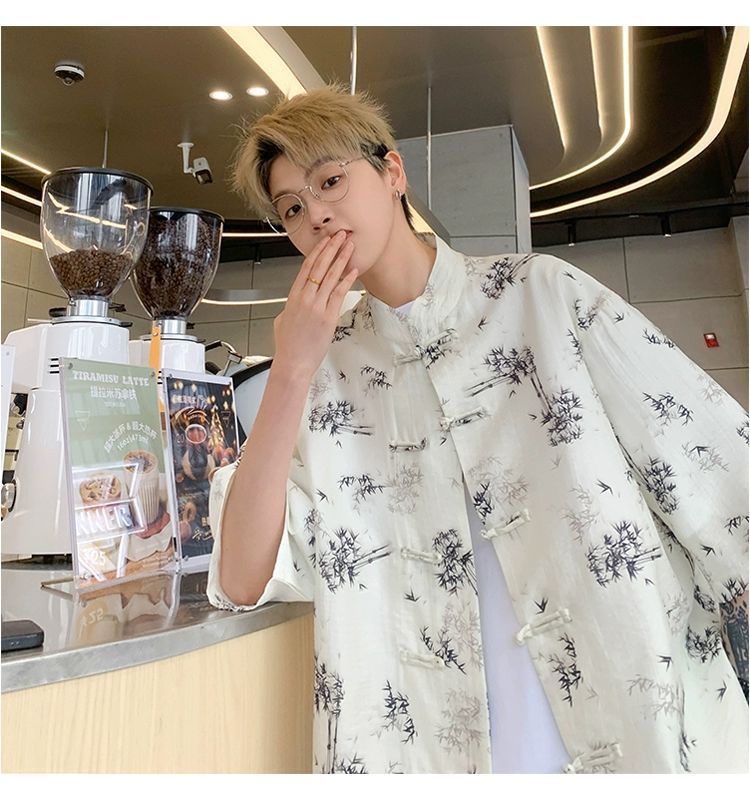 国潮青少年中国风竹子免烫处理短袖衬衫男夏季新中式盘扣潮流宽松半袖详情14