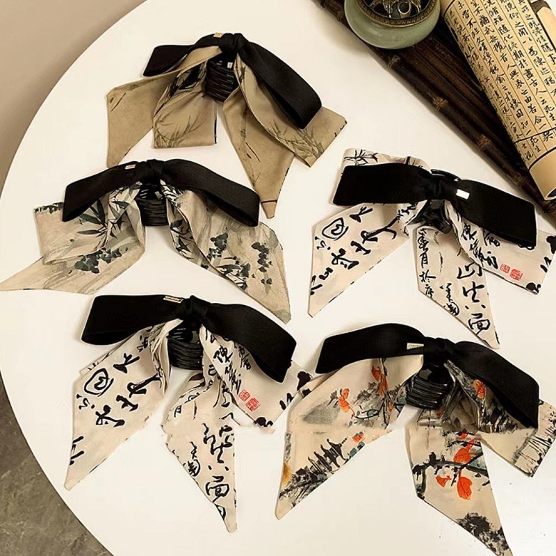 新中式水墨画抓夹气质蝴蝶结飘带发夹女后脑勺鲨鱼夹卡子古风头饰详情4