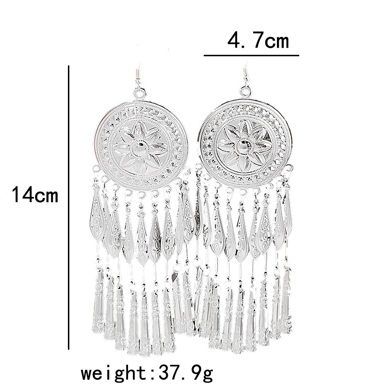 European and American Bohemian long tassel stud earrings, retro ethnic style Miao silver earrings, geometric round small fish earrings pic 3