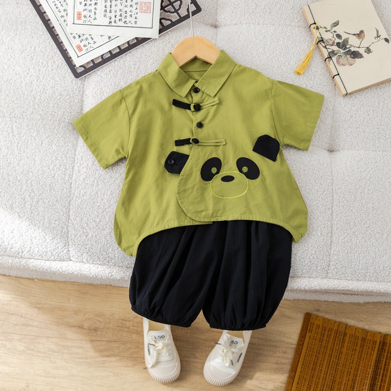 儿童熊猫衬衫短袖短裤两件国风休闲男童潮帅汉服套装班服批发工厂详情2