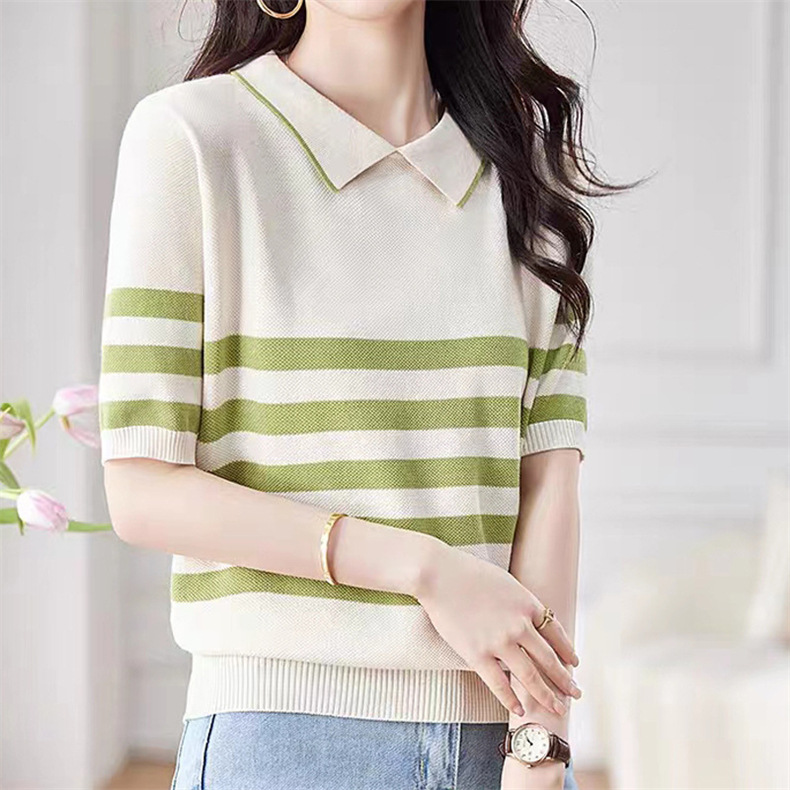 Color-blocking striped short-sleeved knitted sweater, summer Korean-style simple commuting ice silk top, pullover, base layer, lapel T-shirt for women pic 7
