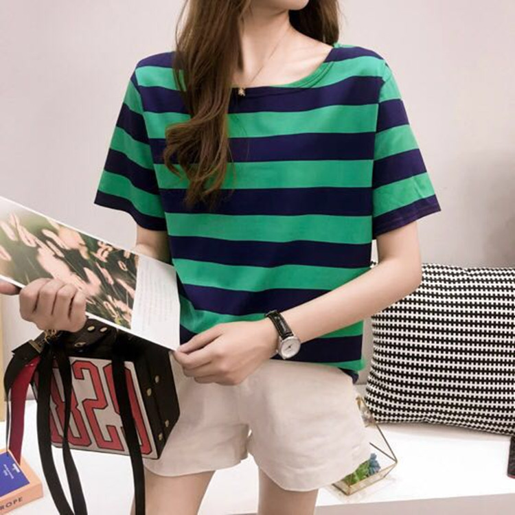 批发2022夏季新款韩版条纹短袖t恤女士宽松衣服上衣女装一件代发详情17