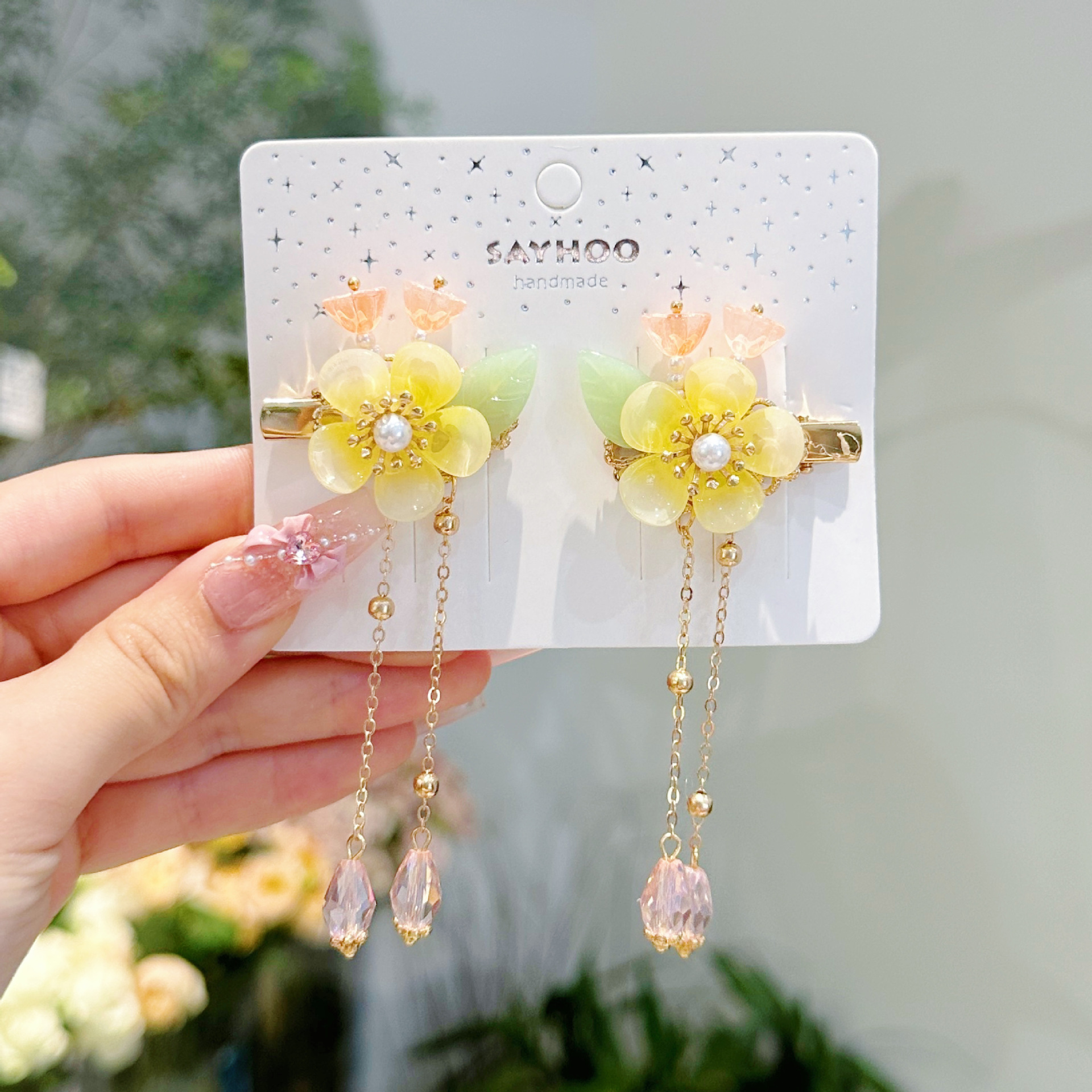 儿童发夹 国潮系列新款古风花朵蝴蝶珍珠流苏中国风琉璃对夹女孩汉服头饰详情9