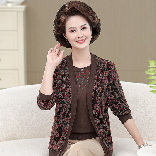 洋气妈妈装夏季短袖翻领T恤中老年人夏装宽松大码时尚印花小衫薄详情23