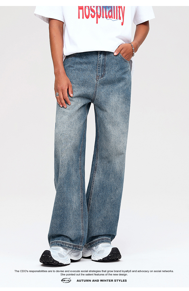 LK男装|美式做旧直筒牛仔裤男女潮牌百搭休闲阔腿拖地长裤子1012详情8