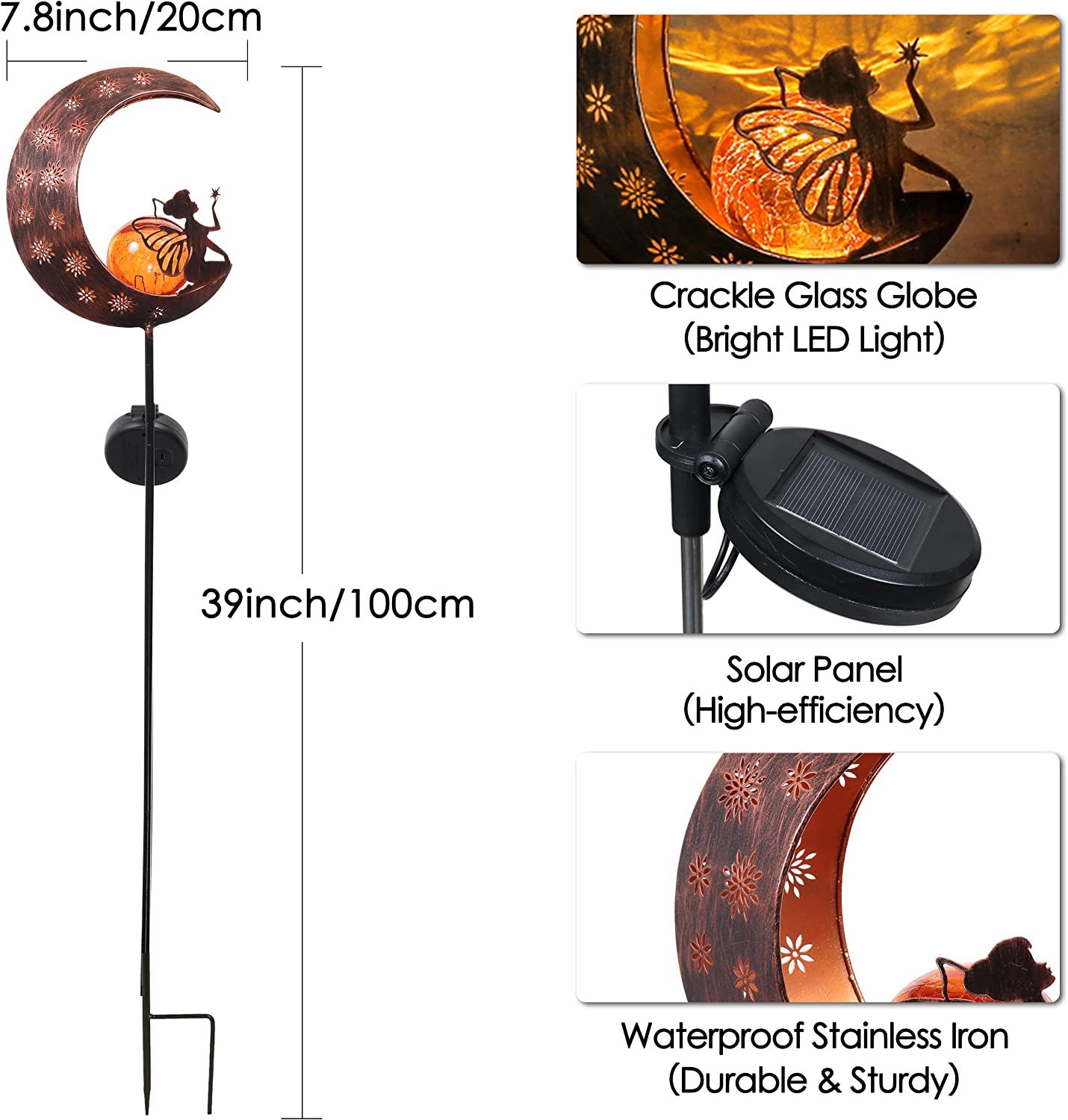 Moon and Fairy Garden solar column lamp outdoor, Angel cracked glass globe garden decoration suitable pic 4