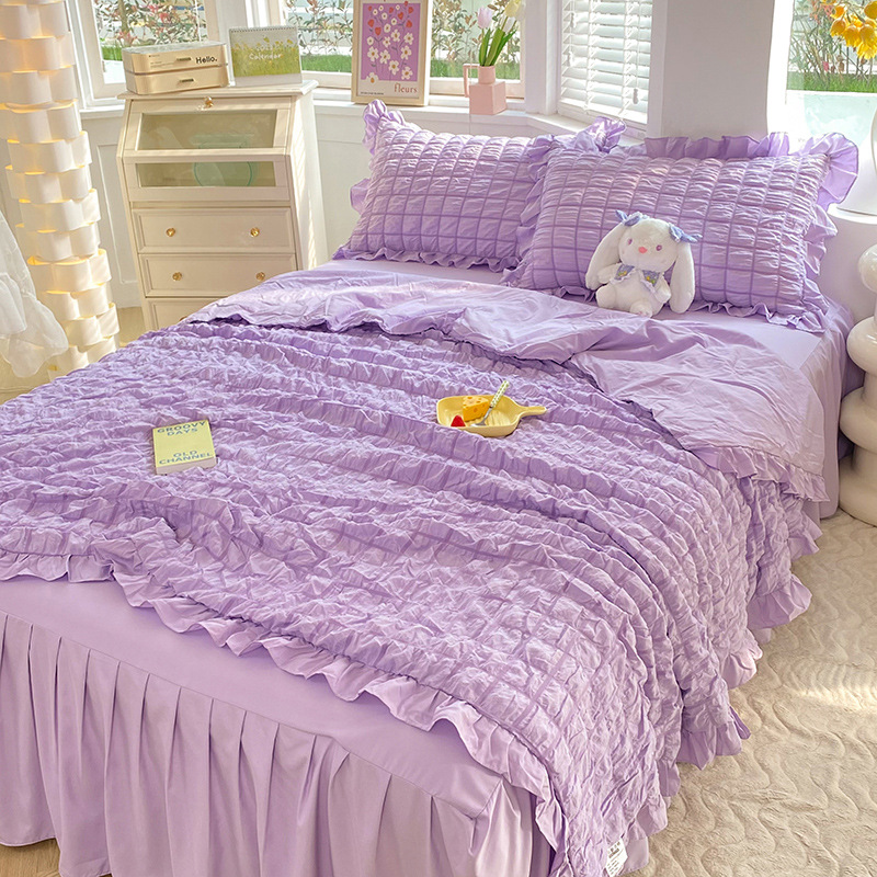 Simple style bubble gauze summer quilt four-piece set, high-end solid color washed cotton bed sheet, bed skirt, quilt cover, dormitory three-piece set pic 29