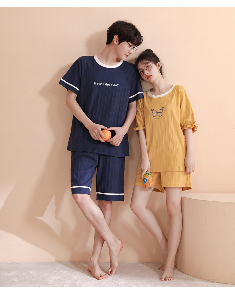 Novedades pareja manga corta pantalones cortos pijamas mujer verano slim algodón peinado hombre traje de hogar suelto casual cartoon pic 19