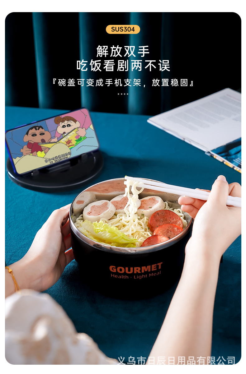 304不锈钢泡面碗可沥水 带盖宿舍日式可爱学生女食堂打饭碗快餐碗详情4