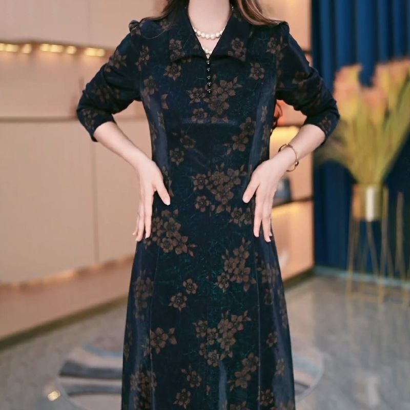 秋季新款时尚碎花长袖连衣裙高档中老年妈妈装气质减龄显瘦A字裙详情9