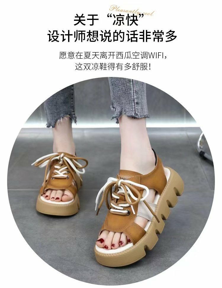 2024时尚拼色松糕底厚底外穿轻便露趾平底罗马凉鞋潮系带女士凉鞋详情3