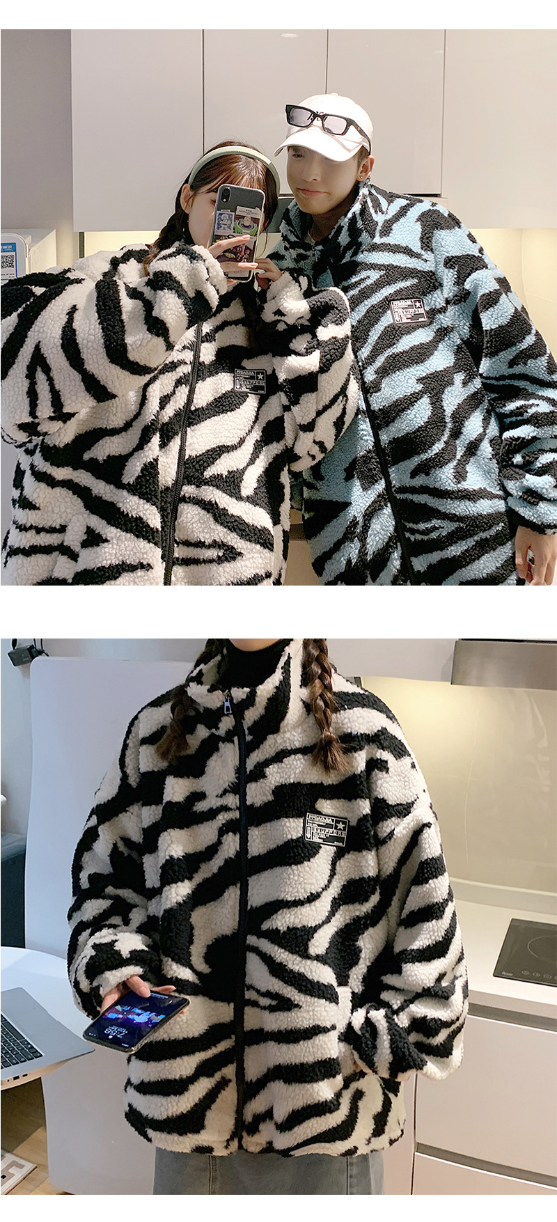 Thick cotton-padded jacket for couples 2021 winter, striped lambskin stand-up collar coat, warm cotton-padded jacket pic 10