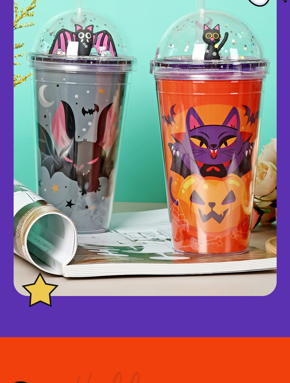 30013 450ml Halloween Micro-Landscape Cartoon Sequin Water Cup Double-layer Plastic Straw Cup Summer Ice Cup pic 5