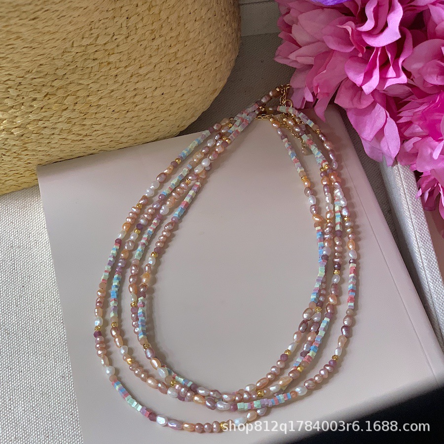 Dreamy pinkish-purple aurora silver pearl necklace, mini irregular Baroque-style light luxury necklace, niche pic 15