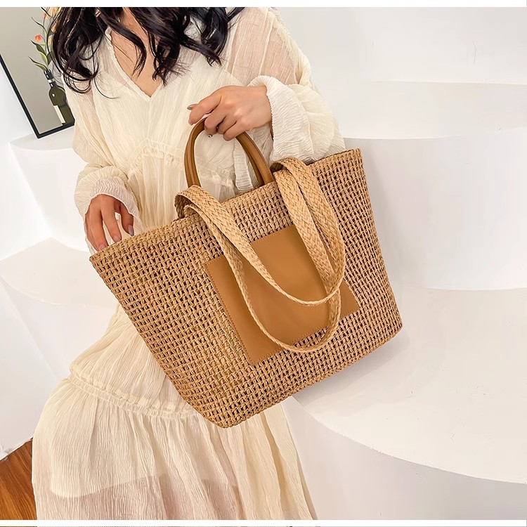 新款大容量百搭草编包女松弛感日系潮流手提单肩包度假旅行沙滩包详情12