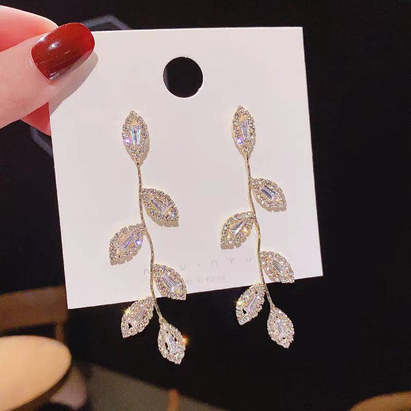 Zircon leaf earrings, long and elegant, versatile earrings S925, exquisite earrings design sense, beautiful stud earrings for women B460 pic 22